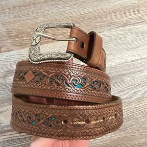 Hooey Brown Leather Belt with Turquoise Accents